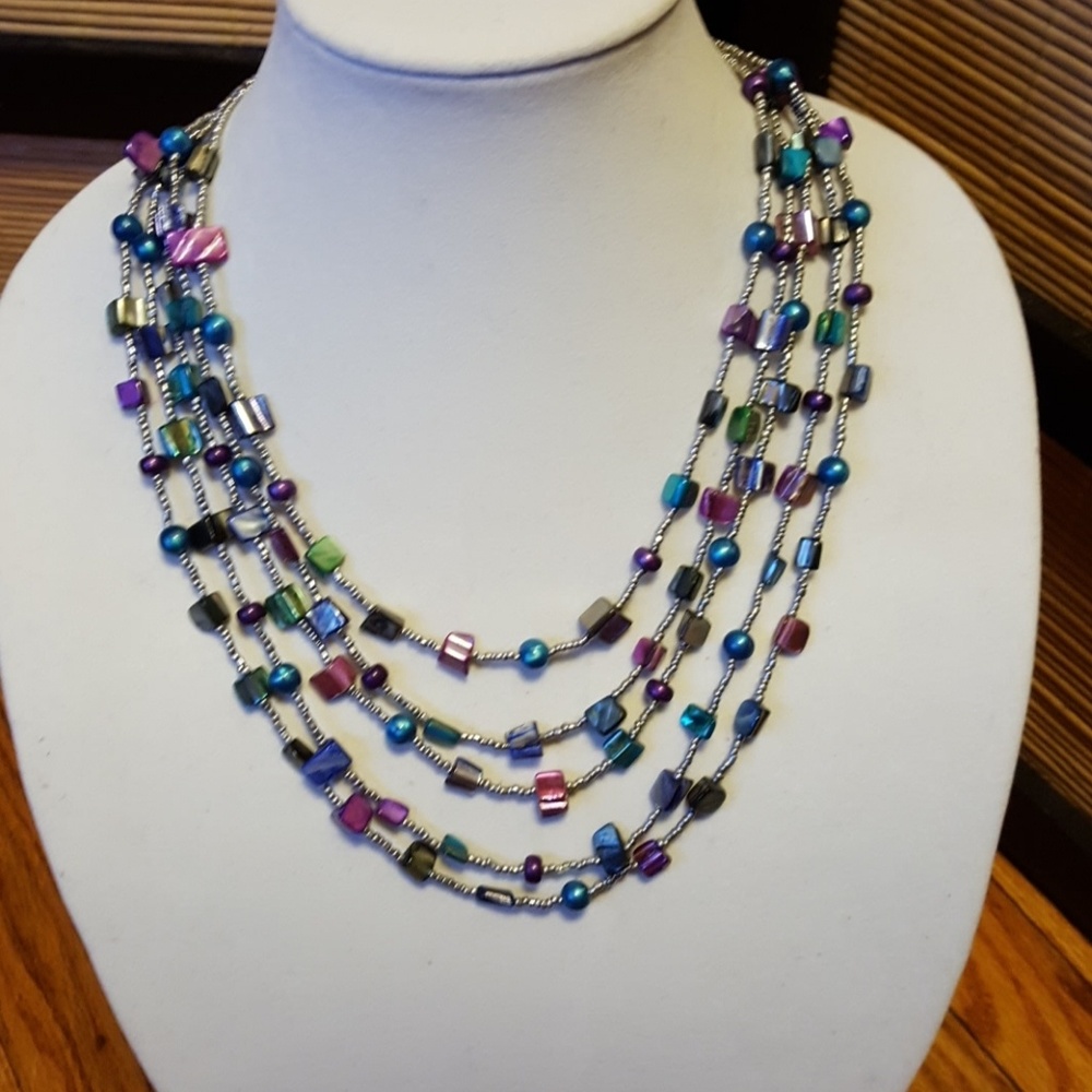 Necklace - Multi-strand purple, blue & green